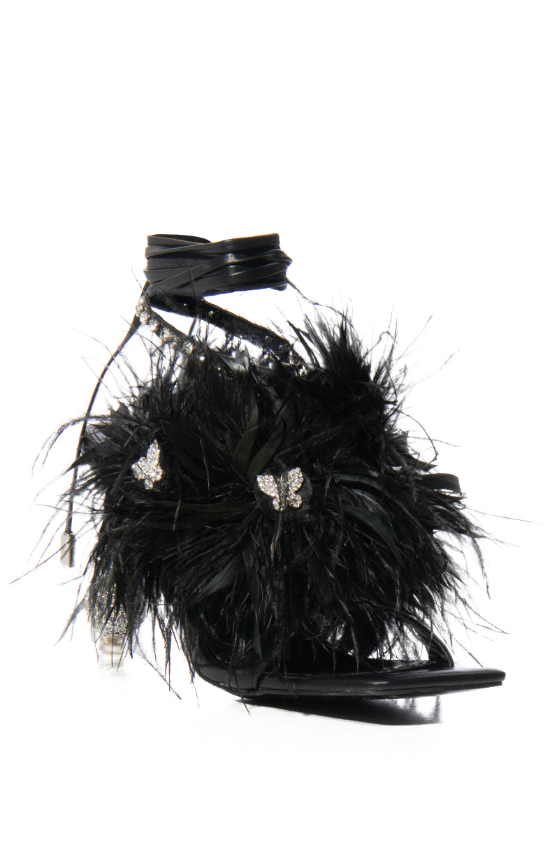 AZALEA WANG CLOVE BUTTERFLY EMBELLISHED FEATHER SANDAL IN BLACK